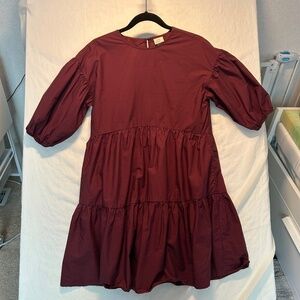 A New Day Burgundy maroon wine Cotton Short puff Sleeve tiered Oversize Dress xs